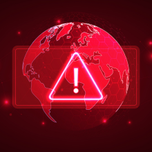 An illustration of a red globe with a red alert symbol on top of it.
