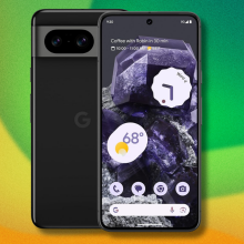 Google Pixel 8 on green and yellow abstract background