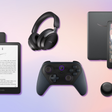 Kindle Paperwhite, Bose QuietComfort Ultra, Amazon Luna controller, Echo Buds, and Kindle Colorsoft with pink and purple background