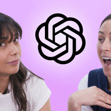 composite of two people looking at each other debating with the chatgpt icon between them