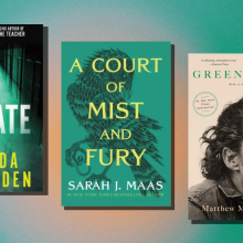 "The Inmate," "A Court of Mist and Fury," and "Greenlights" books arranged on green and orange backdrop