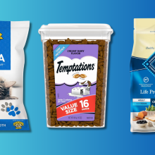 A blue background showing a bag of litter, box of treats, and a bag of food.