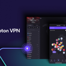 the proton vpn logo next to mock-ups of its desktop and mobile apps