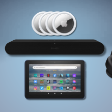 Sonos Roam 2, Apple AirTags 4-pack, Fire 7 tablet, Sonos Ray, and JBL Live 770NC headphones with blue gradient background