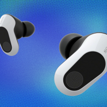 Sony Inzone Wireless Gaming Earbuds on blue and light blue pixelated background