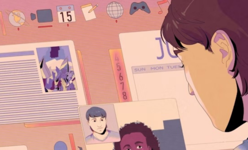 An illustration of a person working at a large computer screen while video calling a friend.