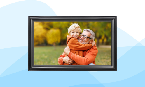 A black Canupdog digital photo frame is displayed against a white and blue background.