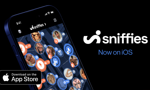 Sniffies new app against a black background beside the Sniffies logo.