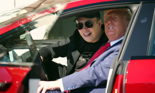 U.S. President Donald Trump and White House Senior Advisor, Tesla and SpaceX CEO Elon Musk sit in a Model S on the South Lawn of the White House on March 11, 2025 in Washington, DC.