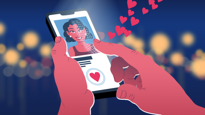An illustration of a dating profile displayed on a phone with hearts rising from it.