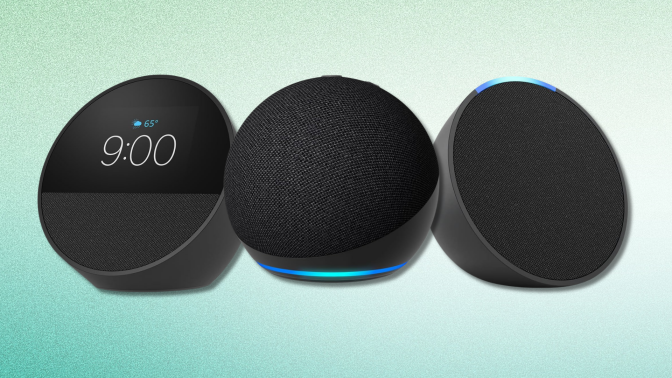 Three echo smart speakers against a green background. 