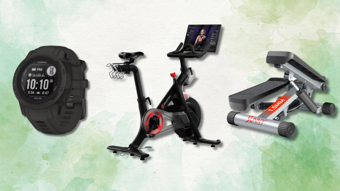 Three fitness items on a gradient green background: a black Garmin sports watch, a Peloton stationary bike, and a Sunny Health & Fitness stepper.