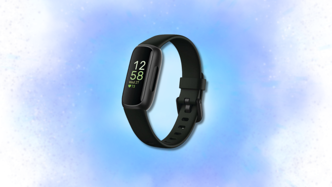 A black Fitbit Inspire 3 fitness tracker is displayed on a light blue and white watercolor background. 