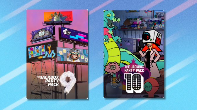 Jackbox Games titles on light blue abstract background