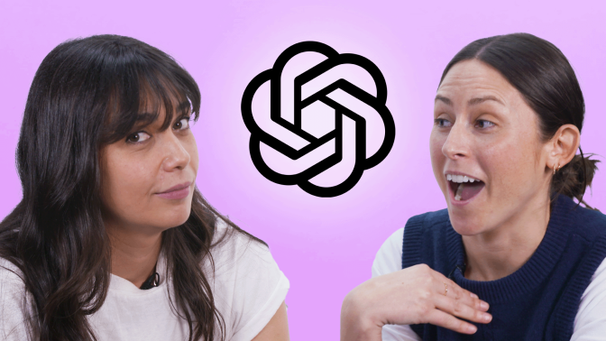 composite of two people looking at each other debating with the chatgpt icon between them