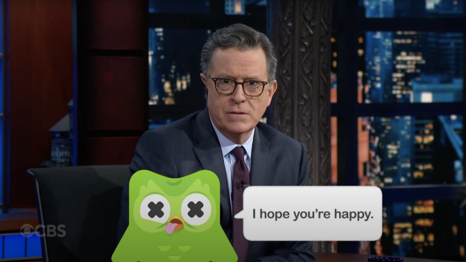 Stephen Colbert presents "The Late Show" with a cartoon of Duo the Owl overlaid on the screen.