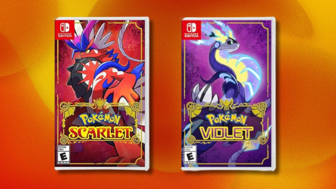 Pokémon Scarlet and Violet on orange and red abstract background