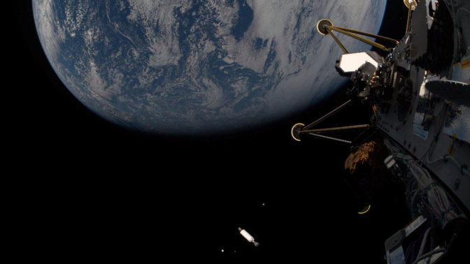 Intuitive Machines' Athena lander peers back on Earth after launching into space on Feb. 26, 2025.