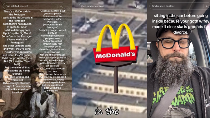 screenshots of tiktoks about mcdonald's in the pentagon