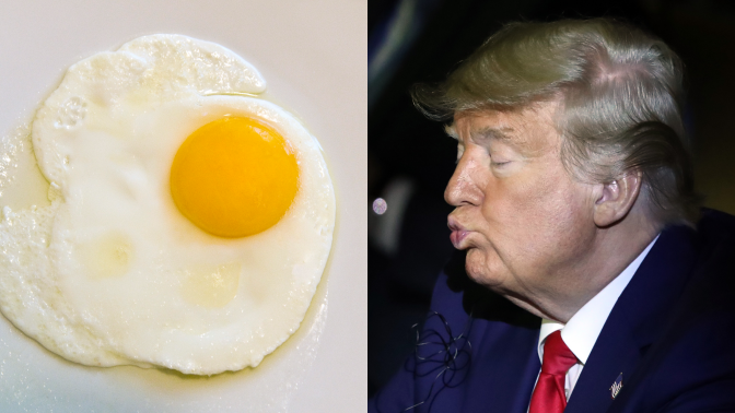 a composite photo of a fried egg and donald trump making a kiss face