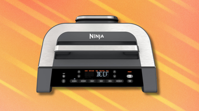 Ninja Foodi Indoor Grill on orange abstract background